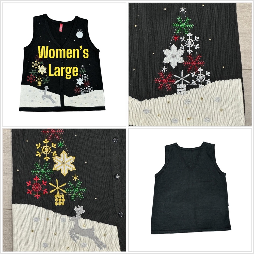Women’s Holiday Christmas Trees Deer Large Sweater Button Front Vest Black EUC